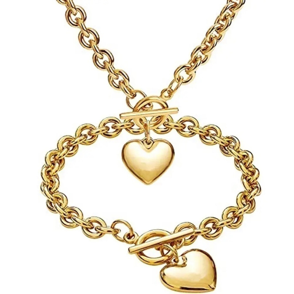 18K Gold Chunky Chain Heart Pendant Necklace & Bracelet Set Toggle Closure